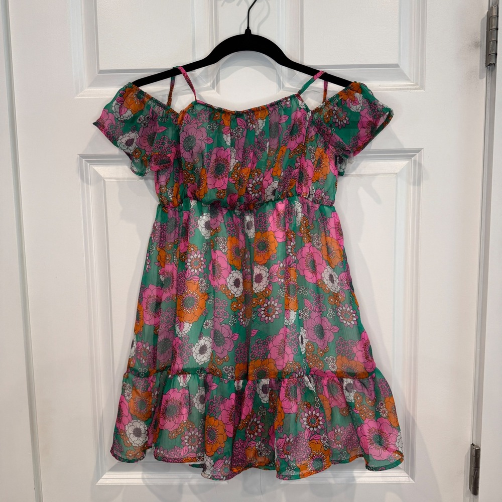 Paisley Lane Girls Green Pink Floral Cold Shoulder Ruffle Chiffon Dress Size 10